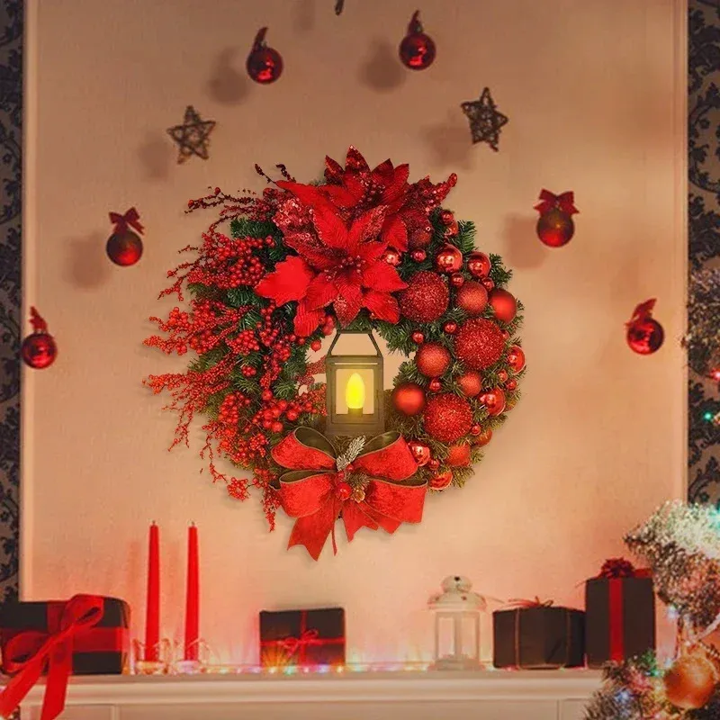 Noel Süslemeleri Noel Çelenk Hafif Yay Topu Büyük Kırmızı Çiçek Duvar Kapısı Penceresi Şömine Merdiven Dekor 231025