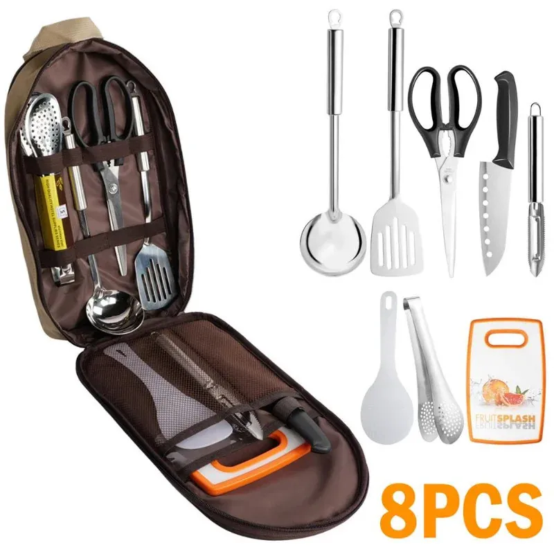 Camp Kitchen 8-Cookware Set with Knife, Utensil, Spoon, Portable Picnic Kitchen  Utensils Tableware Storage Handbag from Dhgate Camp Kitchen - price 52.11