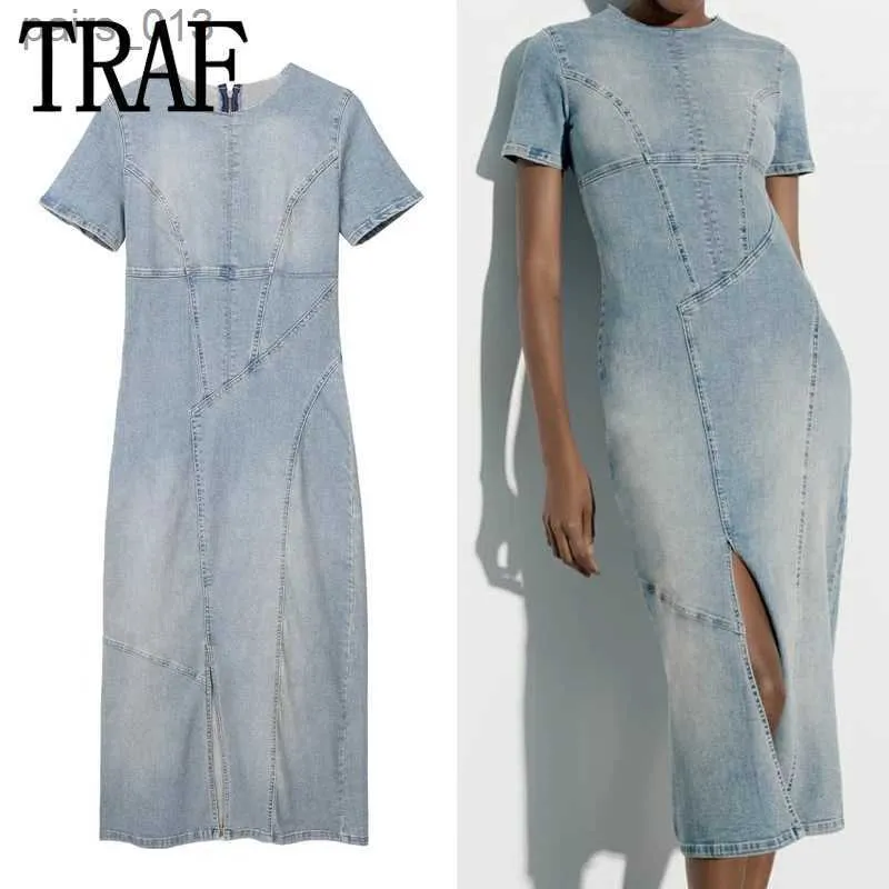 Grundlegende Freizeitkleider TRAF Denim Langes Kleid Frauen Blau Sommer Frau 2023 Schlitz Kurzarm Midi Party Elegante Damen YQ231025