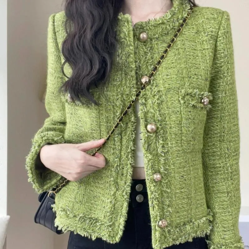 Damenjacken 2023 Frühling Herbst Frauen Elegante Tweed Ausgefranste Geerntete Grüne Jacke Mantel Frau Kleidung Quaste Kurze Mäntel