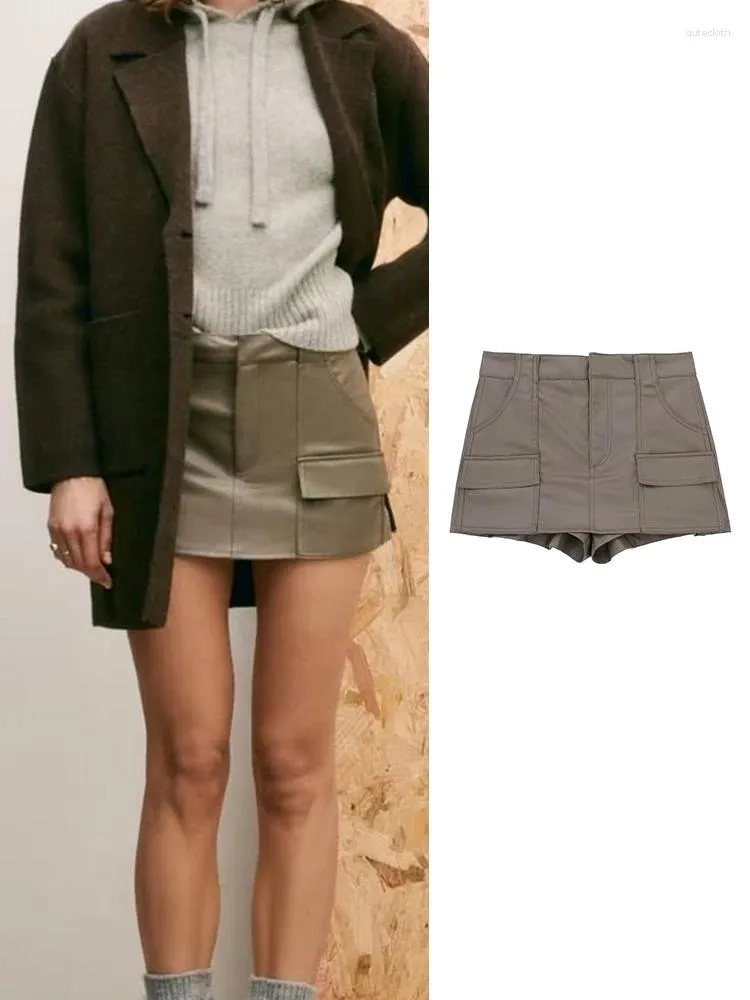 Damen-Shorts, Kunstleder-Miniröcke für Damen, Herbst 2023, mittlere Taille, Reißverschluss, schick, Flip-Taschen, Dekoration