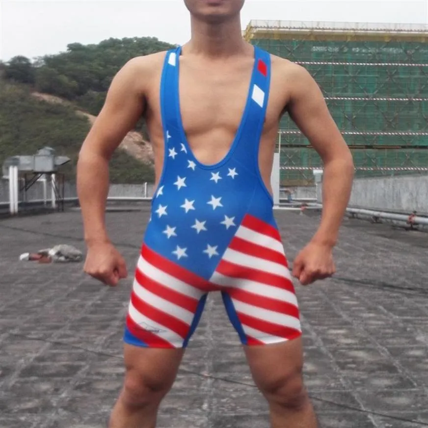 New American Flag Mens Wrestling Singlet Wrestler Leotard Bodywear Gym Outfit One Piece Tights11796