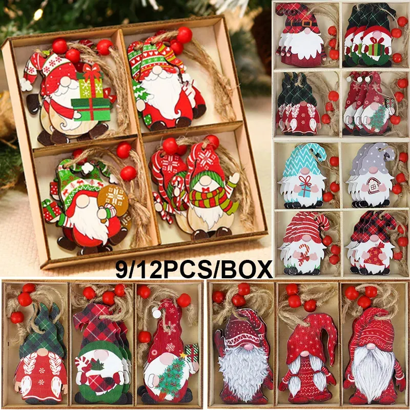 12/9PCS Christmas Wooden Pendants Christmas Tree Hanging Ornaments Santa Dolls For Home Decor Xmas Happy New Year Navidad Gifts