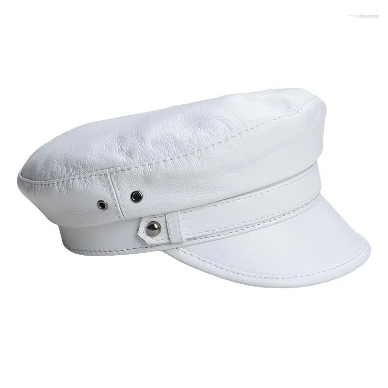 Berets 2023 Primavera Homens / Mulheres Genuínos Couro Nubuck Caps com Fivela de Cinto Estudantes Marinha Chapéus Dourados Menino Gorro Cor Branca