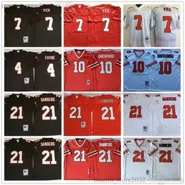  Men's 7 Michael Vick Football Jerseys 4 Brett Favre 10 Steve Bartkowski 21 Deion Sanders Stitched Retro Black Red White 100% Embroidery