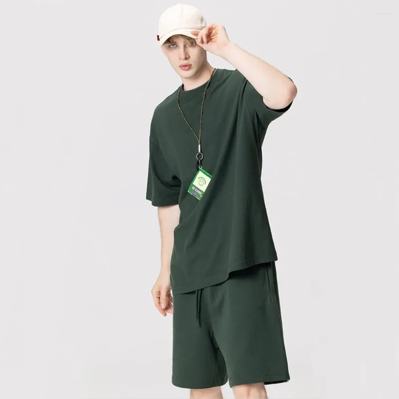 T-shirt da uomo in cotone oversize da uomo camicia Hip Hop Five mezza manica casual basic o collo tinta unita streetwear top tee verde scuro