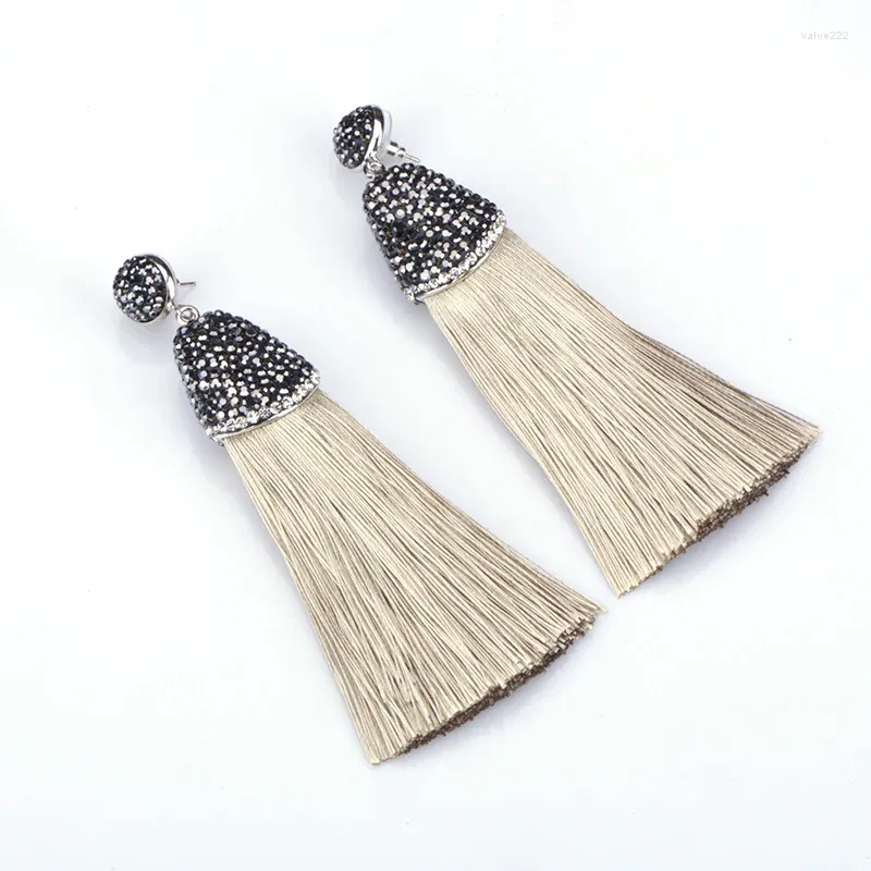 Boucles d'oreilles pendantes Boho ton terre Tan grosse soie épaisse gland avec capuchon en strass noir clous de charme haut longue boucle d'oreille pour les femmes