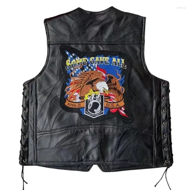 Herenvesten Motor Casual Geborduurd Kraagloos Leren Vest Moto/Biker Mouwloos Jasje Mode Punk Kledingjas