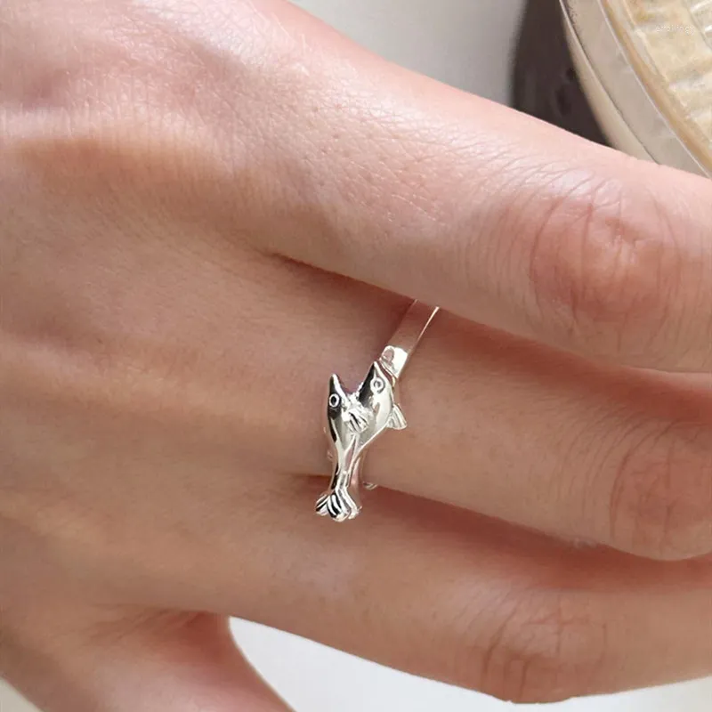 Cluster Rings Fashion Real 925 Sterling Silver Cute Double Dolphins for Women Fine Jewelry Woman's Ring S925 Accessories Gifts