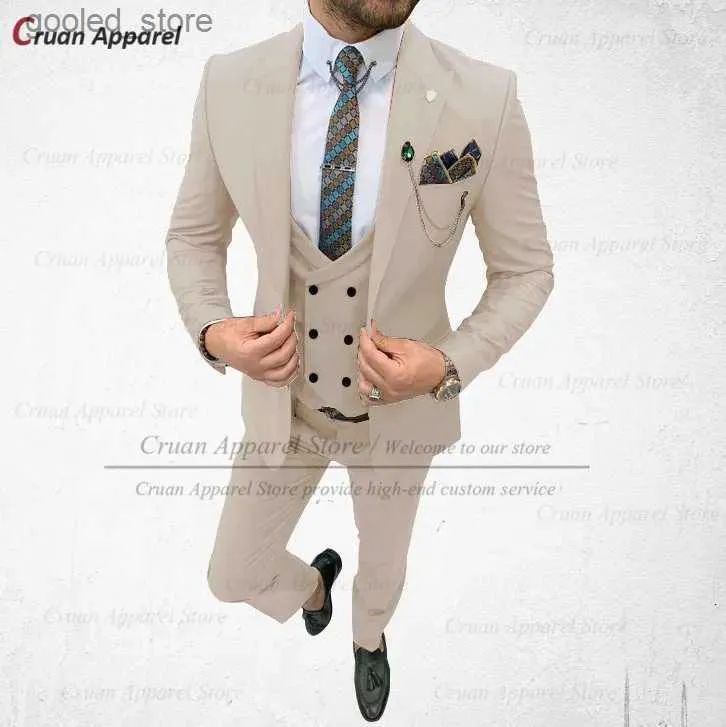 Men's Suits Blazers 20 Colors Tailor-made Khaki Mens Suits For Wedding Slim Fit Luxury Groomsmen Groom Tuxedo Formal Business Blazer Vest Pants 3Pcs Q231025