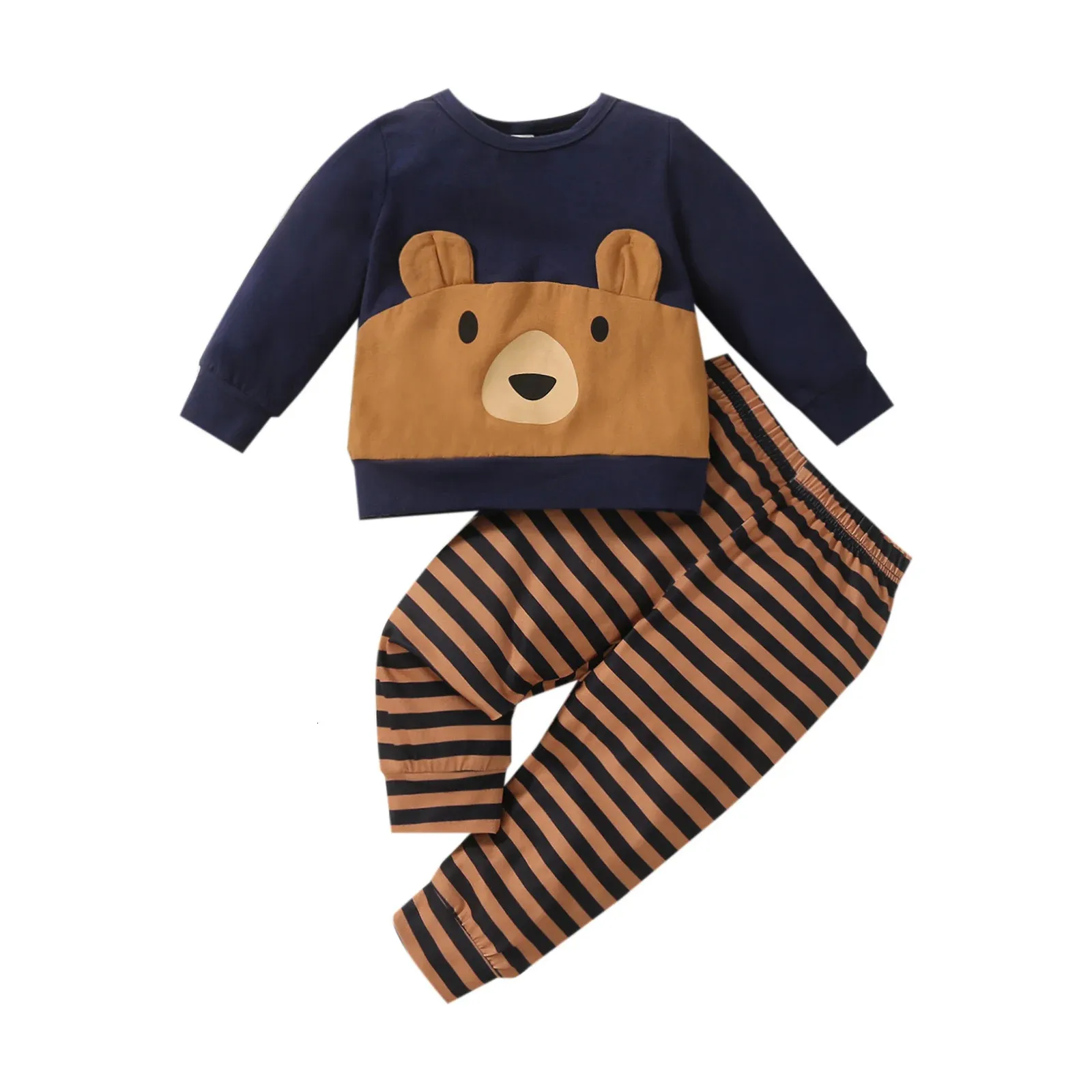 Completi di abbigliamento T-shirt e pantaloni da bambino Completo da uomo Cartoon Bear Stampato Top a maniche lunghe e pantaloni lunghi a righe 6M-3T 231025