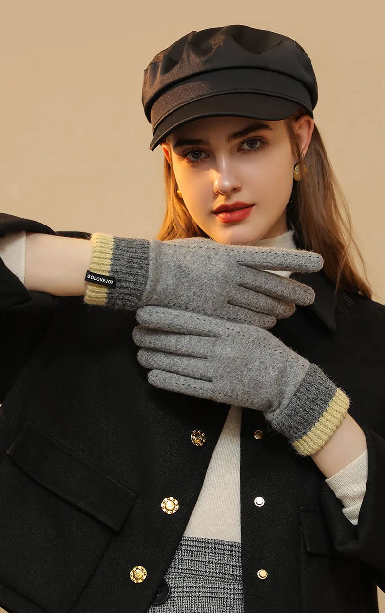 Gants chauds d'automne et d'hiver pour femmes, écran tactile de couleur contrastée britannique, plus polaire épaisse, coupe-vent, gants en cachemire Albas