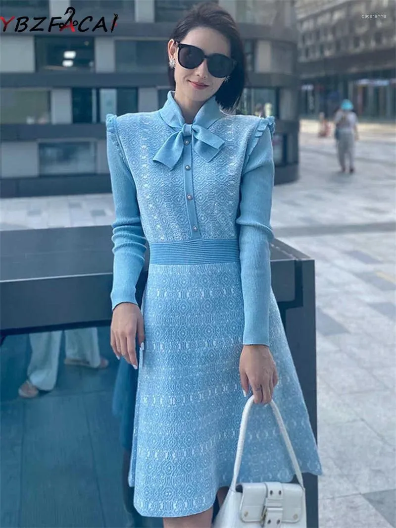 Sıradan Elbiseler Kadınlar Sonbahar/Kış Mavi Külot Kazak Elbise 2023 Fransız nazik Midi Mor Çizgili Örgü Kore Bel İnce A-Line