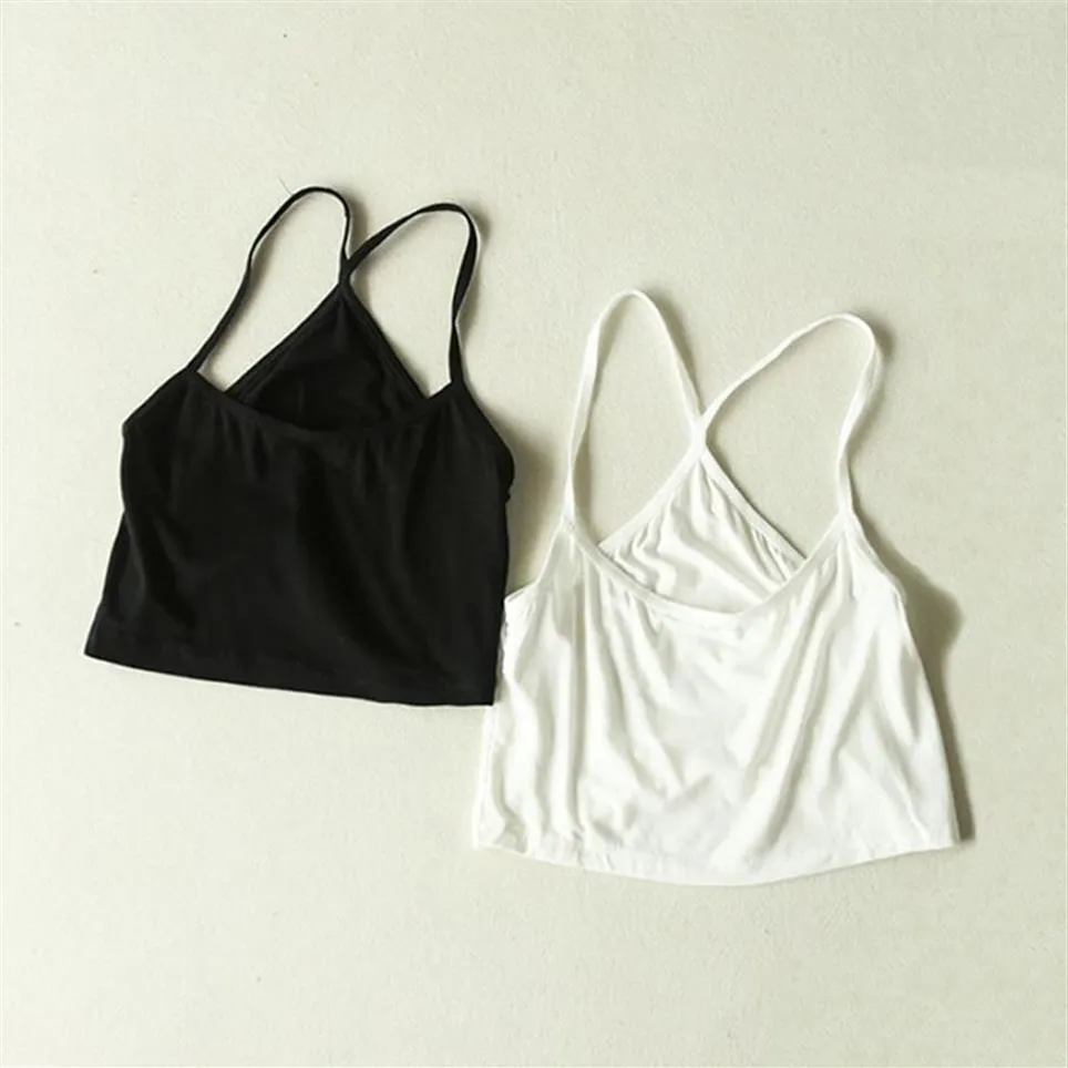 KLV Mulheres Crop Top Camisole Verão Sexy Magro Sem Mangas Spaghetti Strap Algodão Regata Preto Branco New224b