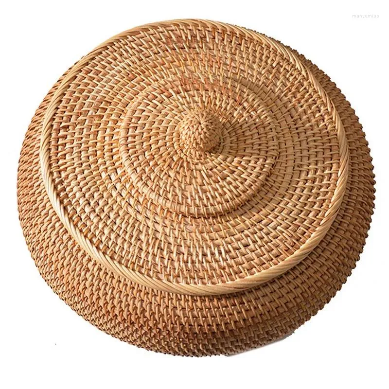 Storage Baskets Rattan Boxes With Lid Hand-Woven Multi-Purpose Wicker Tray Durable Fiber Round 11 Inch Diameter