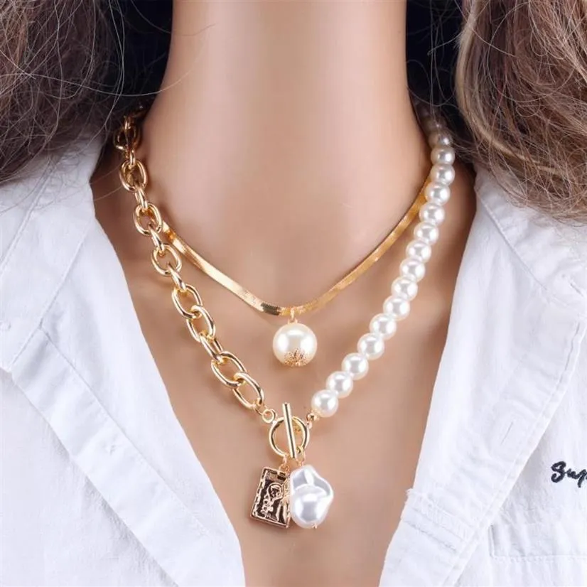 KMVEXO, collares con colgantes geométricos de perlas de 2 capas a la moda para mujer, collar de cadena de serpiente de Metal dorado, nuevo diseño de joyería, regalo 235p