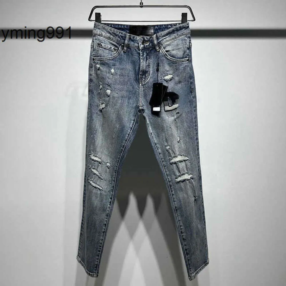 Vrouwen 23 Nieuwe Jeans Washe Rippe Gaten Flockin Letters Enim Broek Mannen Micro-Elastische Broek Esiner Broek Treny Dunne Jeans