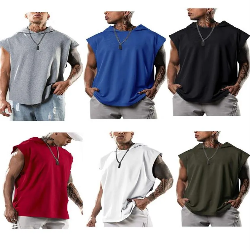 Pull décontracté pour hommes T-shirts de sport à capuche de couverture T-shirts sans manches de loisirs Gilet à capuche T-shirts amples Gym Fitness Tops218v