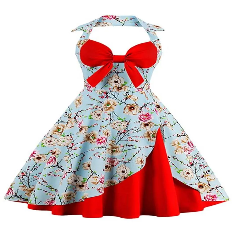 Pas cher Audrey Hepburn 1950 Rockabilly Robes décontractées Halter robe de bal Vintage imprimé fleurs Slim longueur au genou femmes robes de soirée FS308d