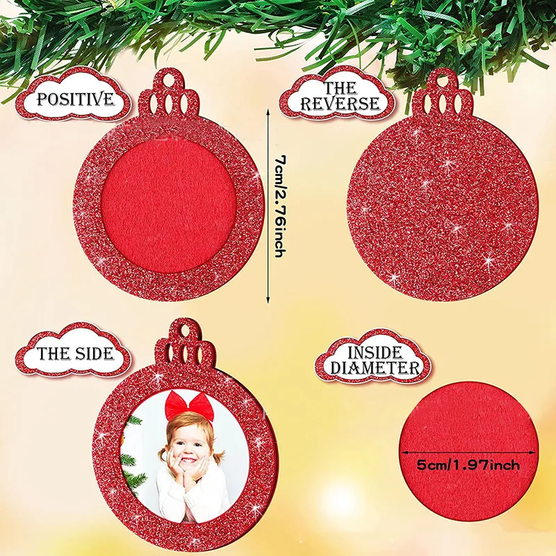 20 cornici natalizie per albero di Natale in feltro glitterato, decorazione natalizia (rosso, rotondo