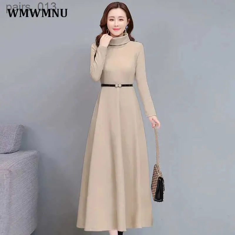 Basic Casual Dresses Elegant Turtleneck A-Line Long Dress Women Winter Warm Korean Sleeve Bottoming Maxi Vestidos De Mujer 2023 YQ231025