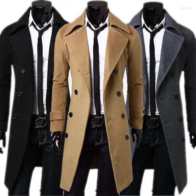 Casacos de Trench Masculinos Moda Outono Jaqueta Para Homens Longo Casaco Casual Slim Fit Overcoat Cor Sólida Double-Breasted Business