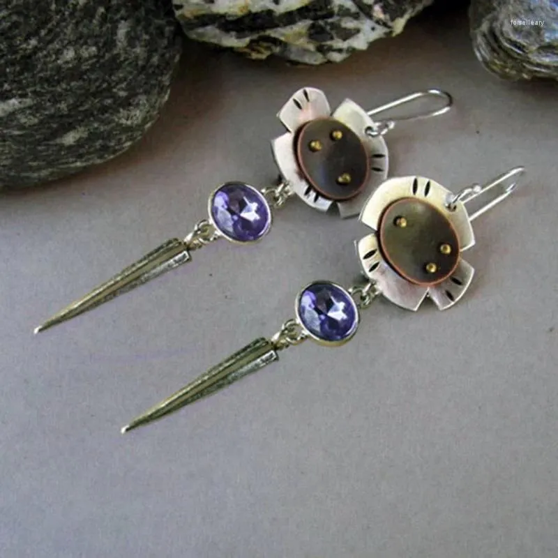 Dangle Earrings Fashion Irregular Flower Metal Petals Purple Crystal Stone Black Floral Cone Pendant Wedding Women Jewelry
