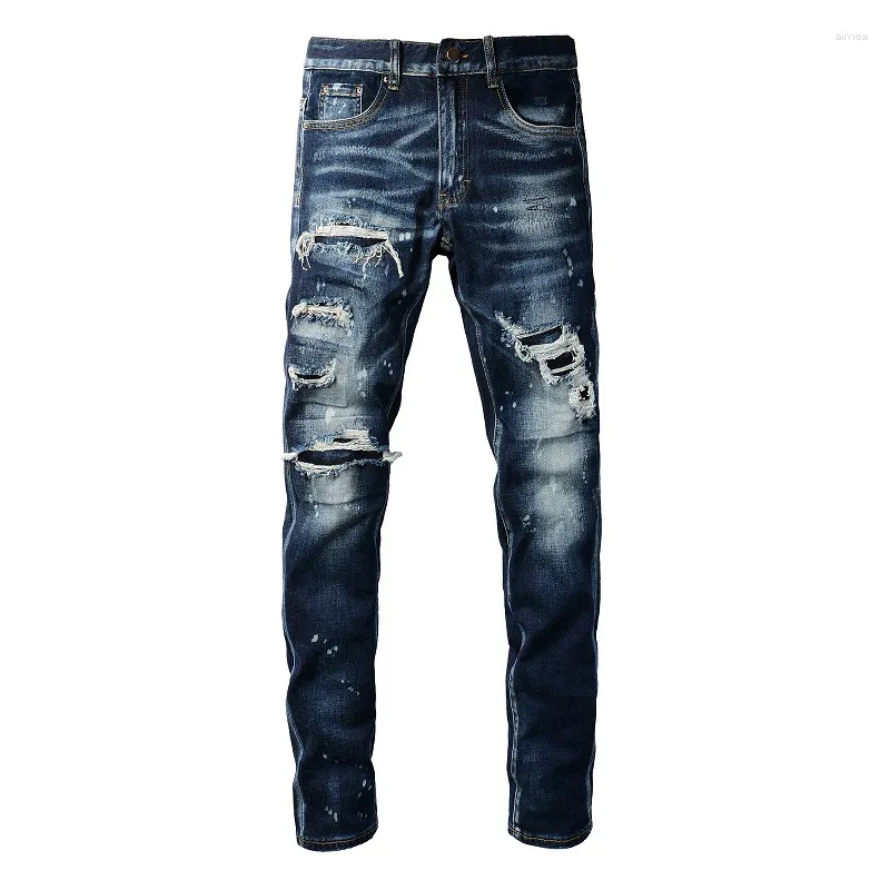 Jeans masculinos homens buracos retalhos denim streetwear escuro azul estiramento calças pintadas skinny calças cônicas