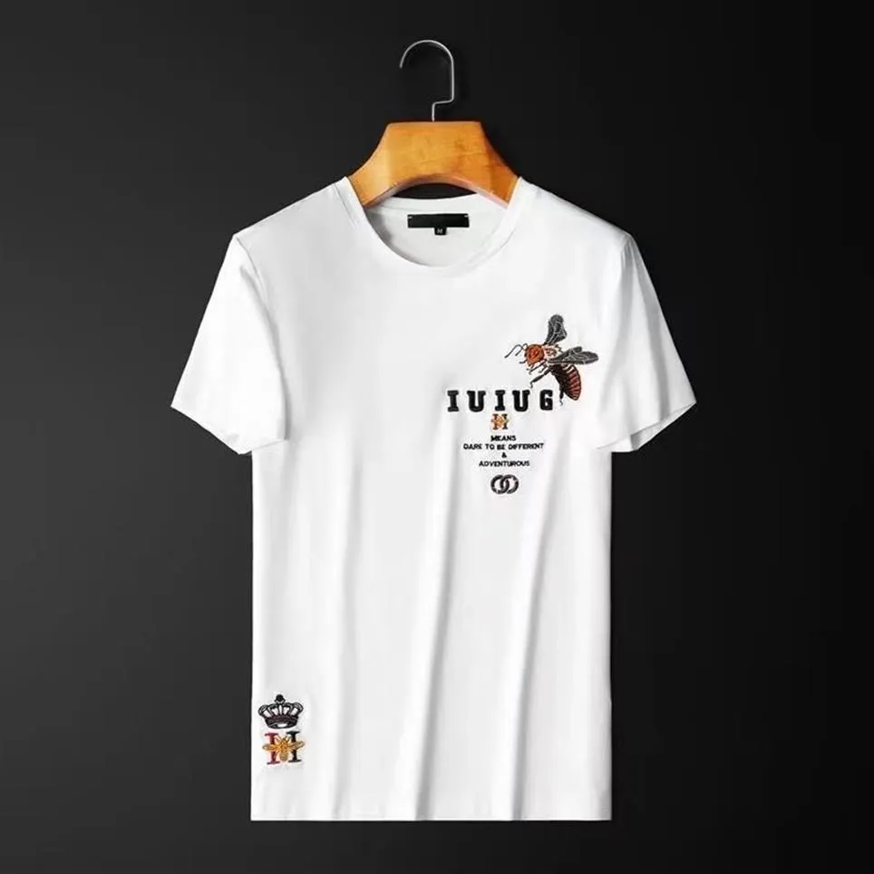 Verão de manga curta dos homens t-shirts nova tendência bordado abelha coroa carta camisa de fundo magro versátil topo masculino t casual homem cl2985