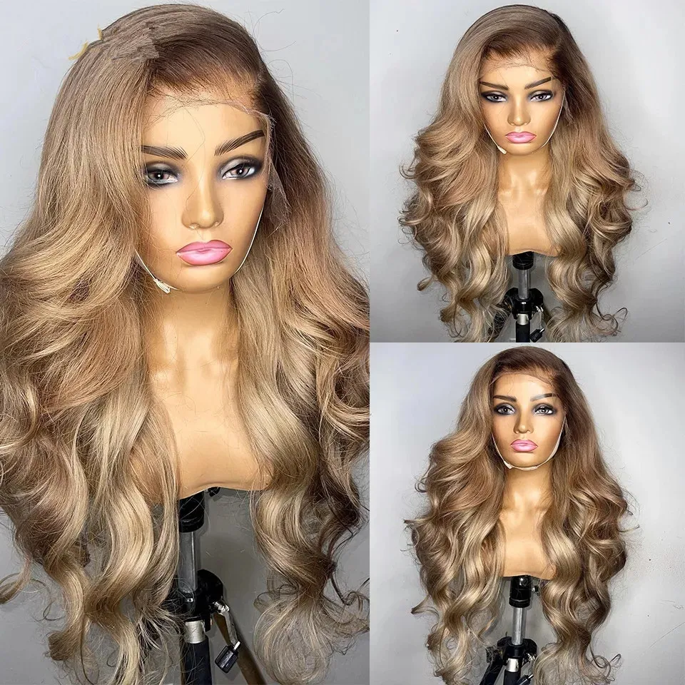 Ombre Blonde 13X4 Прозрачный парик из натуральных волос на кружеве спереди Коричневый корень Бесклеевая объемная волна Пепельный блондин 5X5 Парик с застежкой Предварительно выщипанный