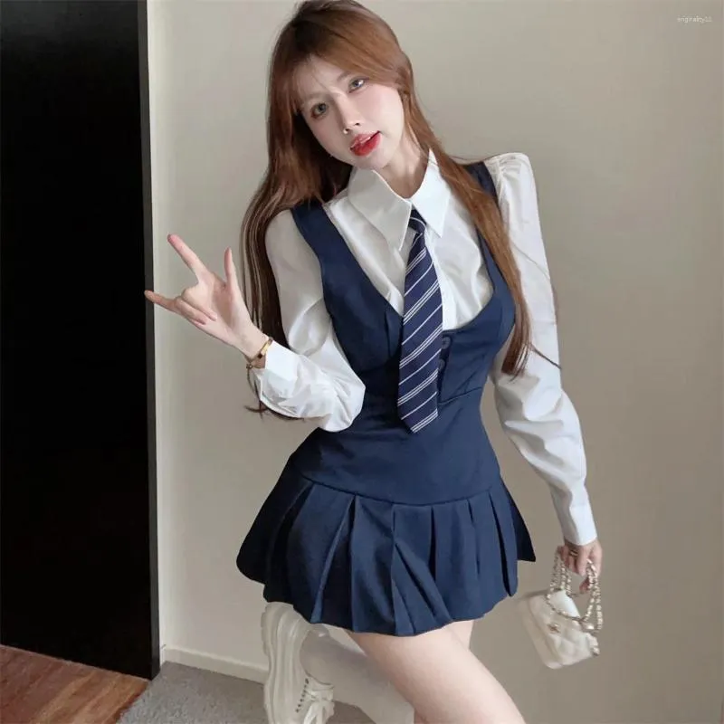 Clothing Sets Spring Autumn Long Sleeve Uniform Dress Suit Navy 3 Piece Set Women's Tank Top Pleated High Waist Slim Preppy Style