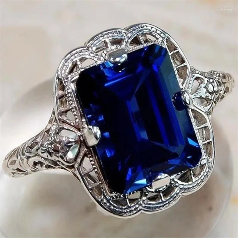 Cluster Ringen 925 Zilver Kleur Diamond Sapphire Ring Fijne Luxe Bizuteria Blue Topaz Edelsteen Engagement Sieraden Voor Vrouwen