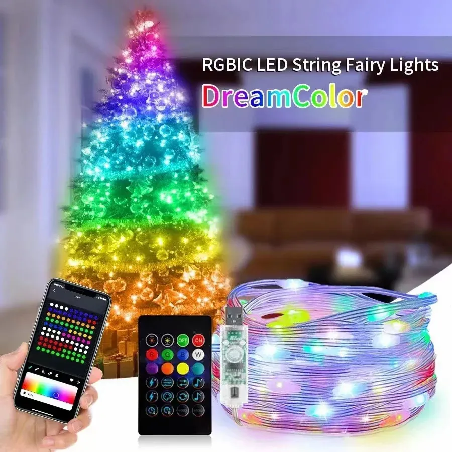 Décorations de Noël Bluetooth coloré fée lumières arbre feston RGB LED chaîne lumière de Noël année de mariage décor de vacances guirlande lampe 231025