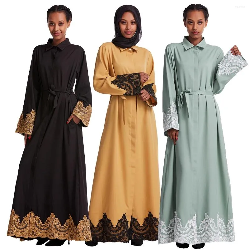 Ethnic Clothing Muslim Lady Shirt Collar Appliqued Lace Long Sleeves Abaya Arab Women Solid Color Traditional Ankle Length Robe Maxi Dress