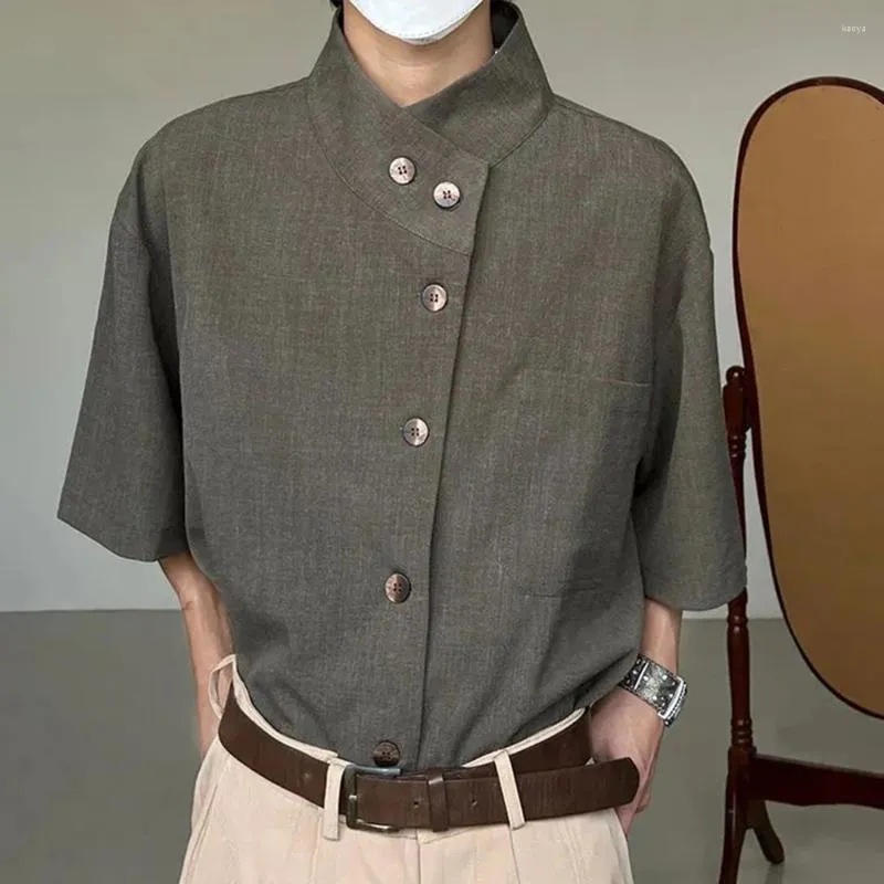 Camicie casual da uomo Autunno Camicia da uomo francese di fascia alta tinta unita a maniche corte con colletto alla coreana Design di nicchia Semplice e chic Street Lgbt