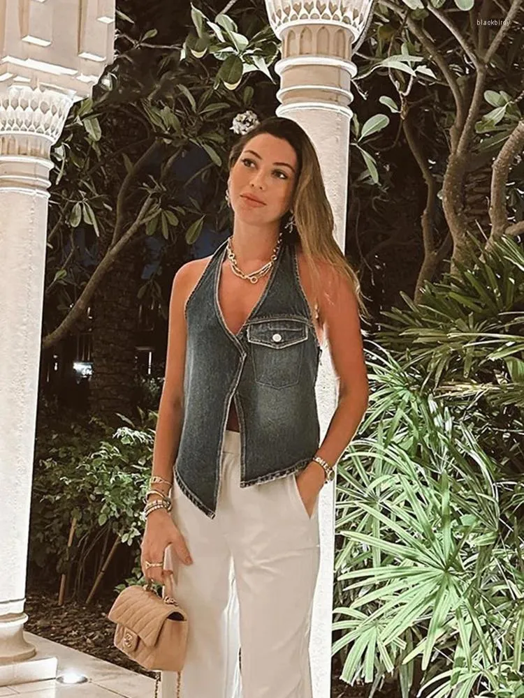 Dames Tanks Asymmetrisch Sexy Dames Blauw Denim Vest Zomer V-hals Halter Mouwloos Ruglooze Top Vrouwelijk Street chic Elegant Dames Camis