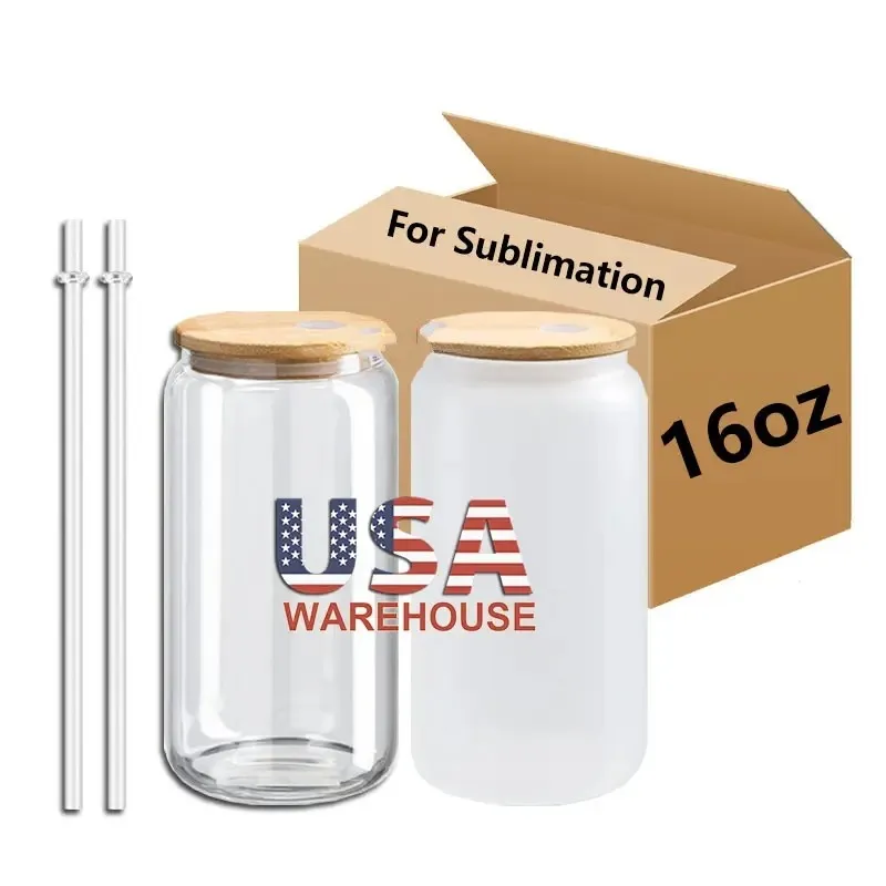 US/CA Stock 16oz Glass Tumblers Sublimation Blanks Clear Frosted Cups Can Shaped With Bamboo Lid Water Bottles 0330