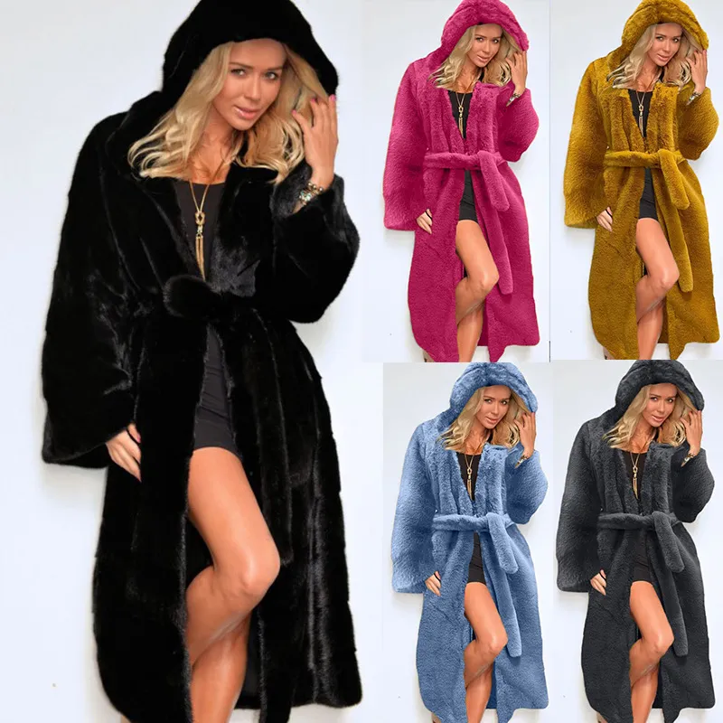 Damesbont-imitatiebontjas met capuchon, gewatteerde jas, dikke lange pluche bontjas, trenchcoat voor dames