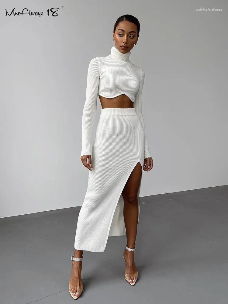 Work Dresses Sexy Turtlenecks Ribbed Knitted Skirts Suits Two Pieces Office White Sets Ladies Split Midi Skirt 2-Piece Set