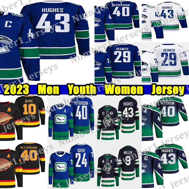 #43 Quinn Hughes hockeytrui #40 Elias Pettersson Brock Boeser Sam Lafferty Casey DeSmith Trevor Linden J.T. Miller Pavel Bure Custom Heren Jeugd Dames truien