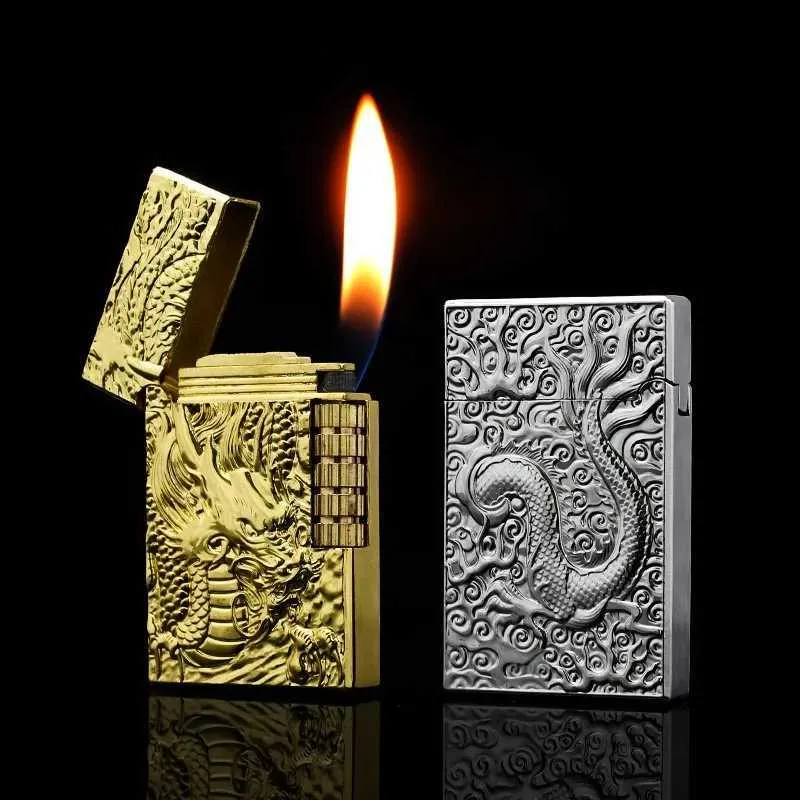 Tändare Butane Metal Emboss Dragon Ping Bright Sound Cigarett Cigar Lighter Bluded No Gasgrinding Jet Gaslighighter Gift for Men