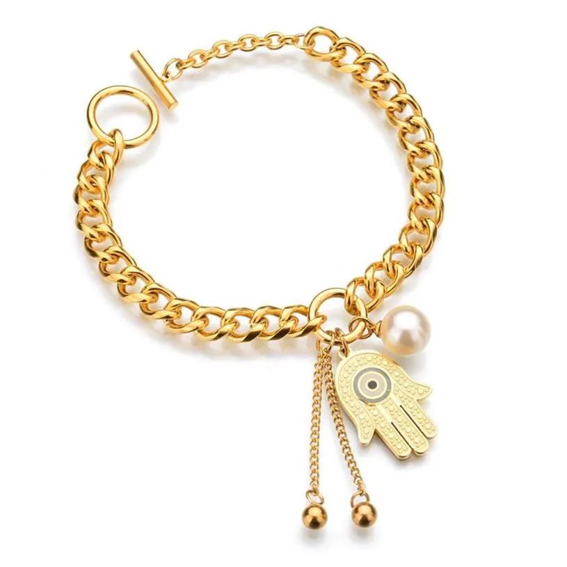 Pulsera mal de ojo de la mano de Fátima, brazaletes de moda de Color dorado, pulseras con dijes de acero inoxidable, joyería para mujer, pulseras 2019315Z