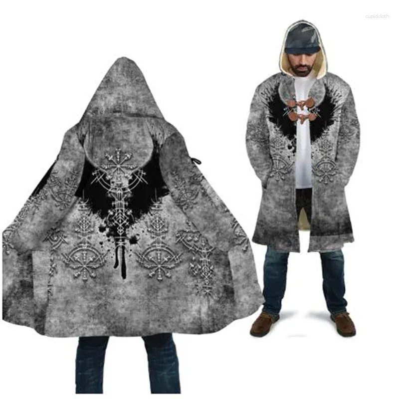 Sweats à capuche pour hommes mode d'hiver cape à capuche Odin et tatouages impression 3D laine unisexe décontracté épais manteau isolant