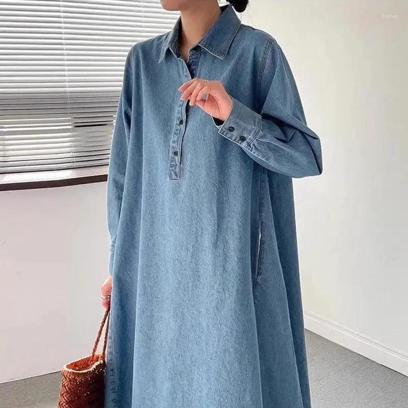 Casual Dresses 2023 Korean Autumn Jeans Dress French Lazy Style Lapel Single Breasted Loose Denim For Women Vestidos Z2852