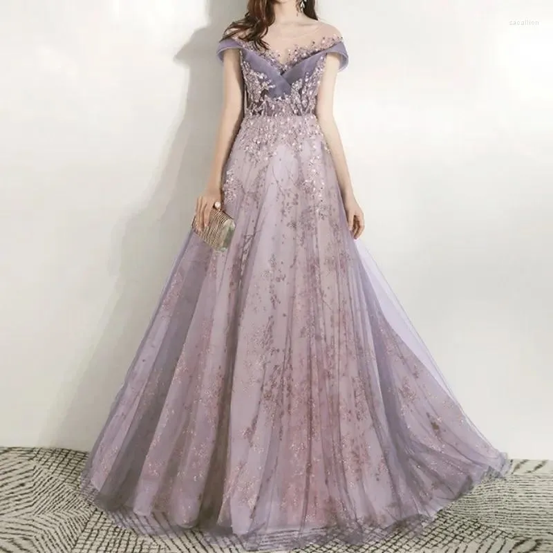 Sukienki imprezowe Znakomity wieczór koralików dla kobiet w V-d-neck luksusowa sukienka gości weselna francuska elegancka suknia balowa sami