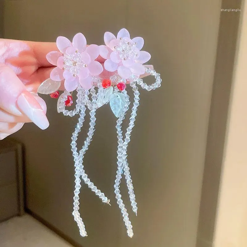 Dangle Earrings Lifefontier Pink Flower Crystal Long Tassel Drop For Women Korean Floral Weeding Bride Earring Pendant Jewelry
