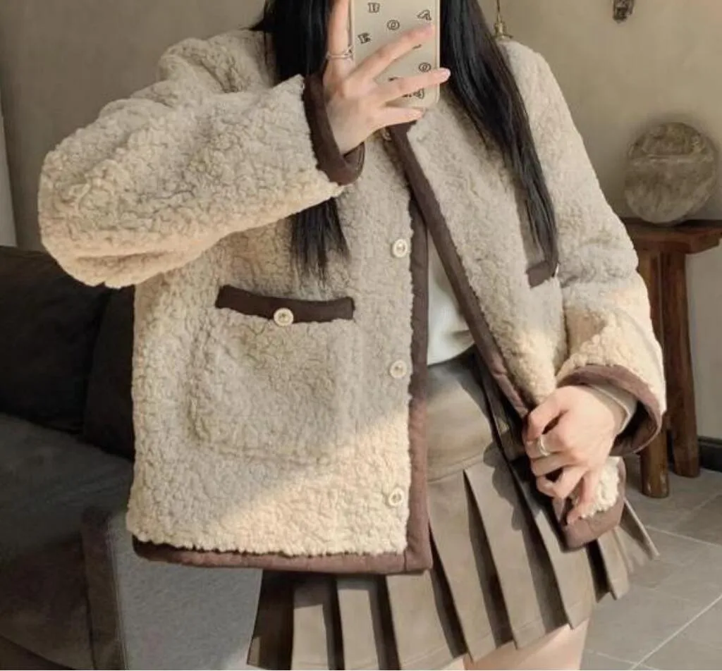 23-inverno feminino novo ma-je luz café pequeno perfumado casaco de lã de cordeiro coreano curto eco amigável pele uma peça lã de cordeiro