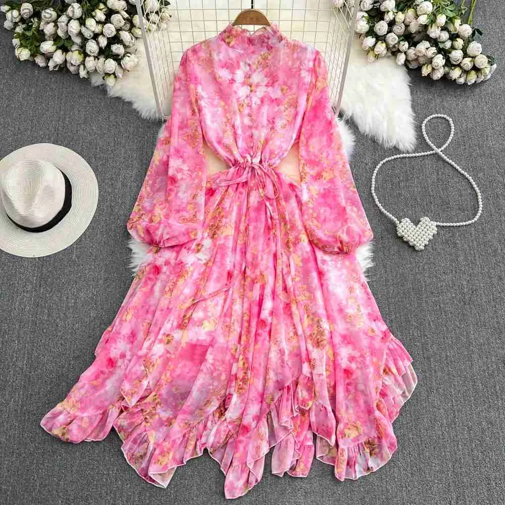 Basic Casual Dresses Retro Floral Print Bandage Elegant Chiffon Dress A-line Lantern Sleeve Lace-up High Waist Women Summer YQ231025