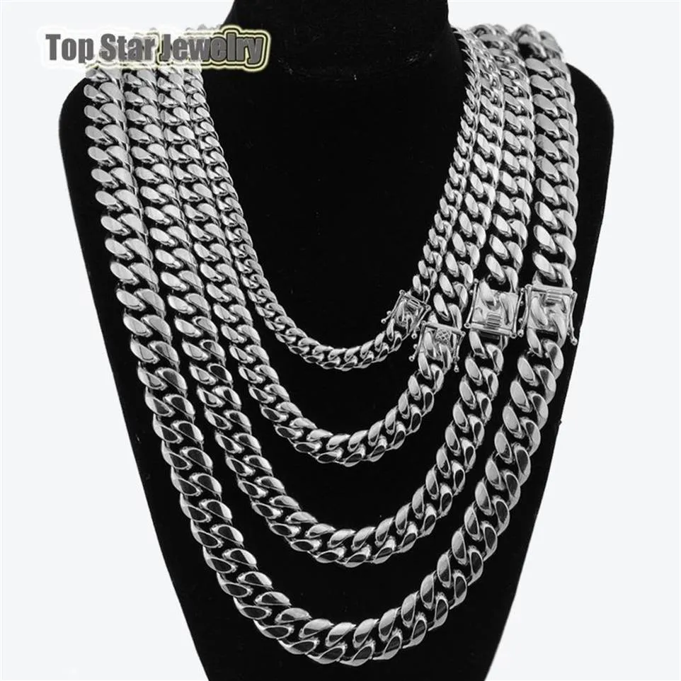 8mm 10mm 12mm 14mm 316L Stainless Steel Jewelry High Polish Miami Cuban Chain Necklace Men Punk Curb ChainDragon-Beard Clasp 24&qu208j