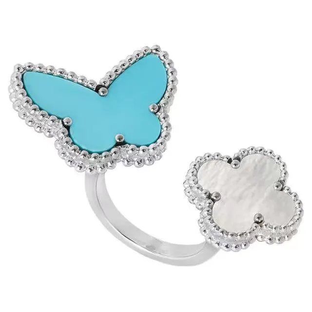 marka luksus love słodka koniczyka Butterfly Pierścienie zespołu dla kobiet Mother of Pearl Blue Limited Edition Śliczny urok elegancki pierścionka biżuteria ślubna miły prezent